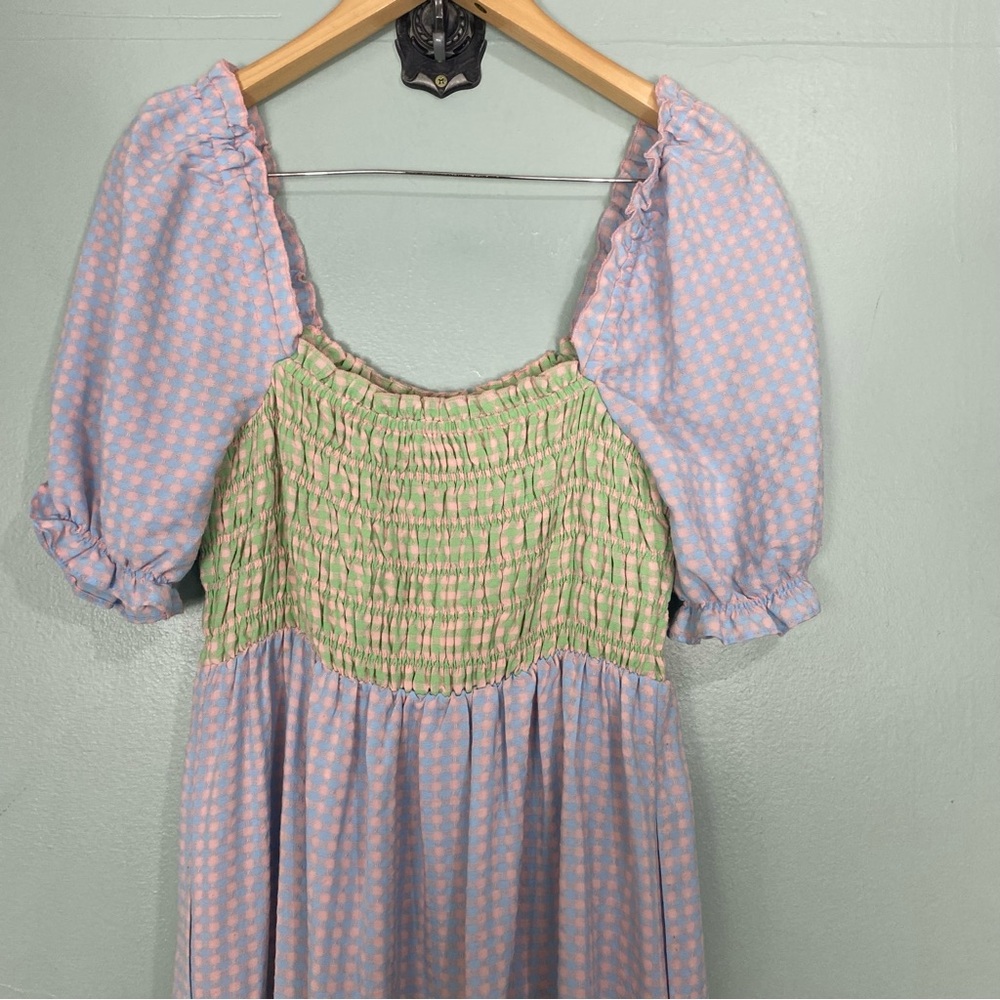 Greylin Nola Smocked Gingham Plaid Colorblock Tiered Midi Dress Sz M Pastel - Picture 5 of 7